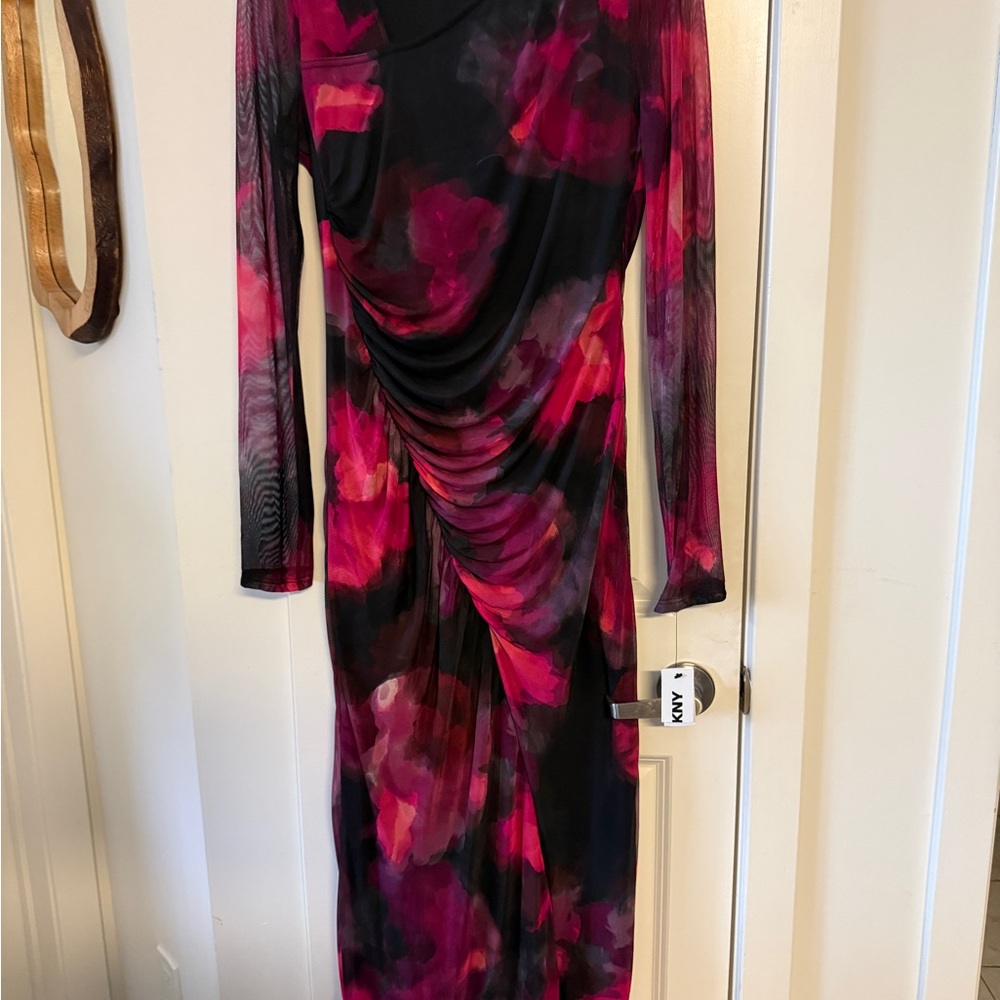 DKNY Vibrant Pink and Black Long Sleeve Dress